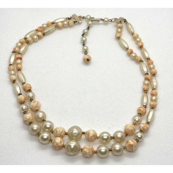 Vintage Hong Kong Beaded 2 Strand Graduated Bead 16-18'' Necklace Cream & Orange - Picture 1 of 6